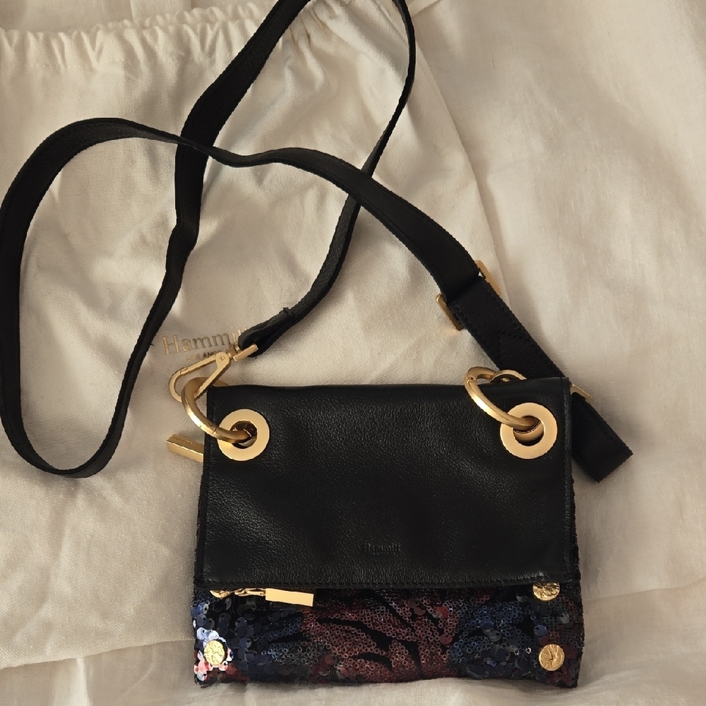 Hammitt Montana Black and Gold Reversible Crossbody Bag with Mosaic Design